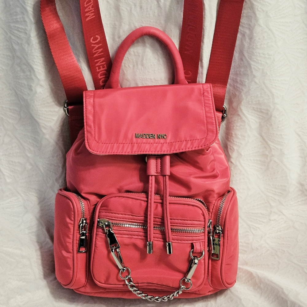 NWOT Madden NYC Pink Fuchsia Nylon Flap Cargo Backpack by Steve Madden 9"x5"x10"